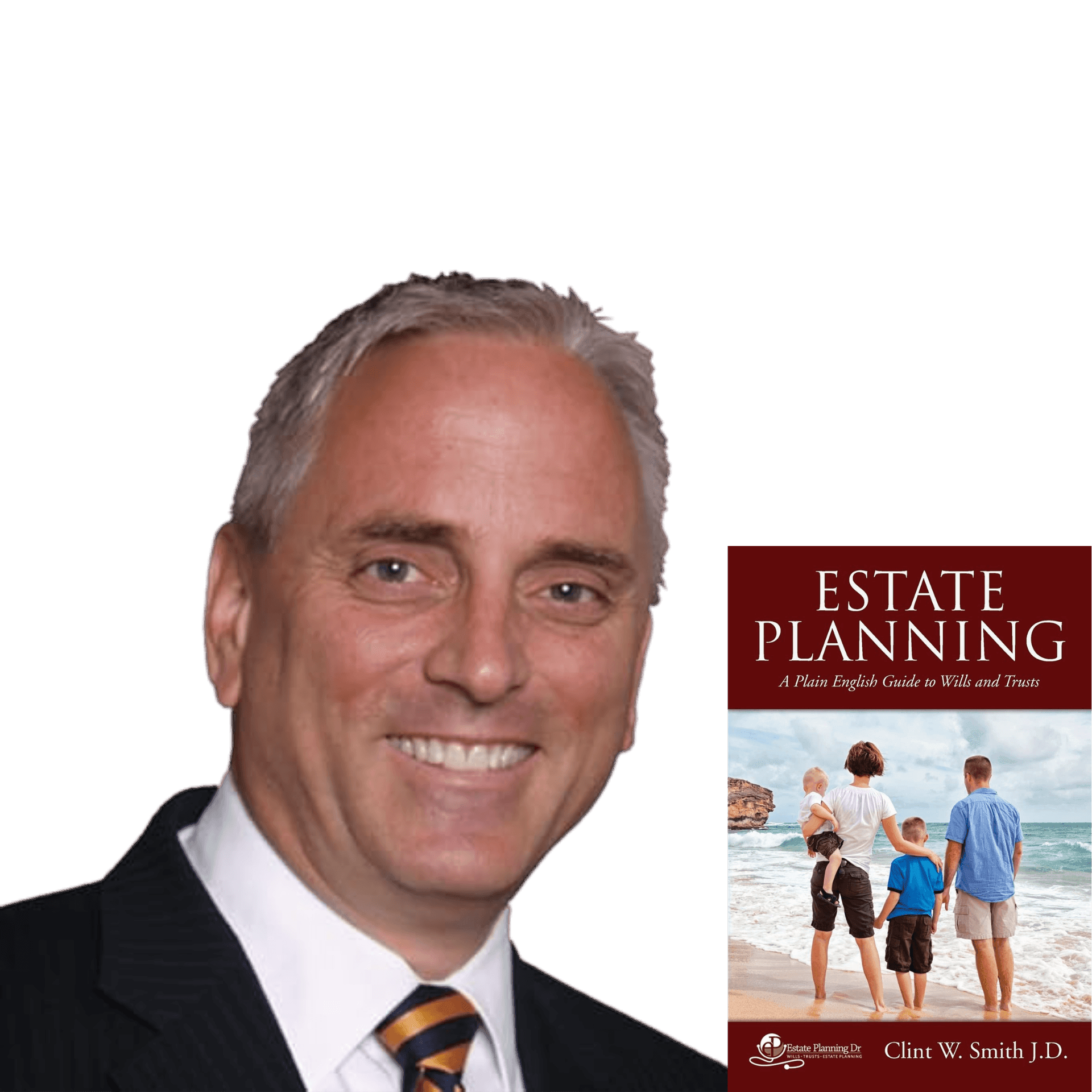 Man in suit with a book cover titled 'Estate Planning' featuring a family at the beach.